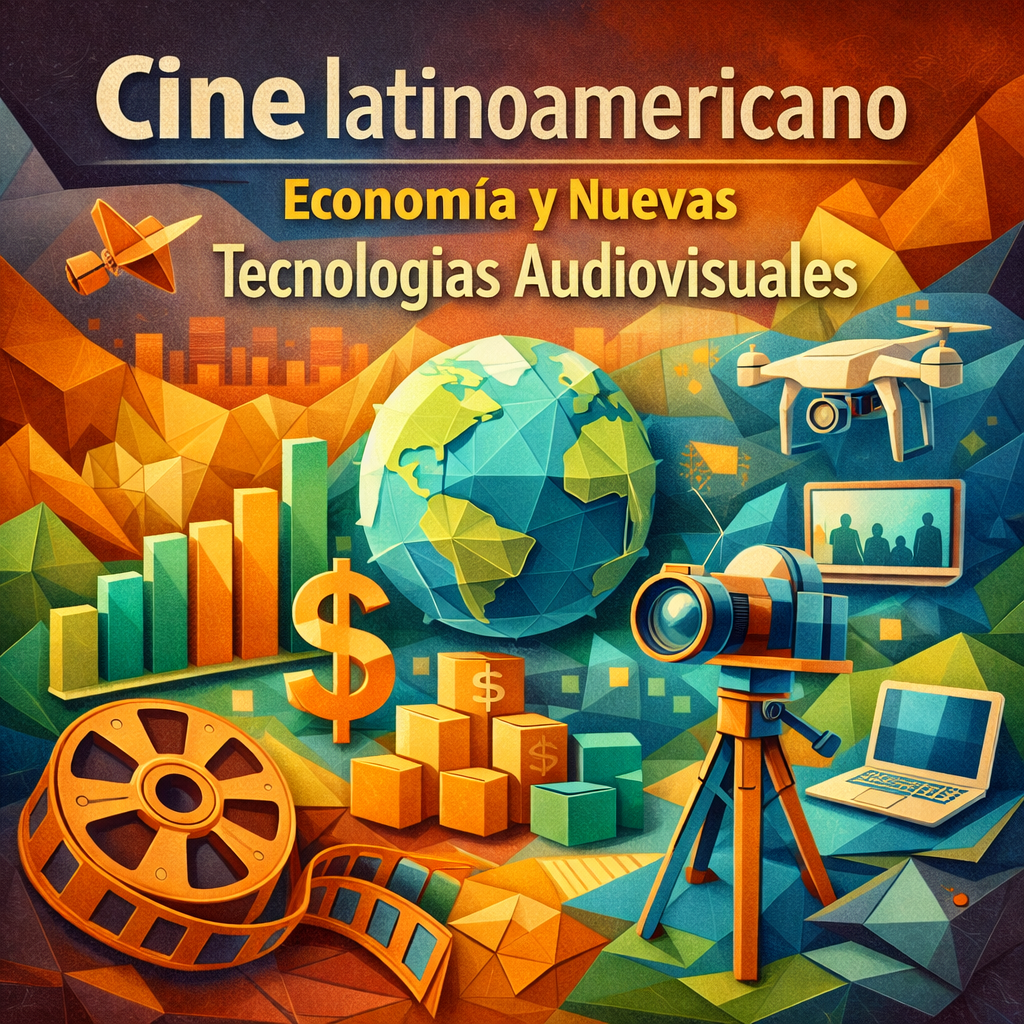 Illustration showing film reel, camera, drone, laptop, globe, and economic symbols representing Latin American cinema and audiovisual technology economy.