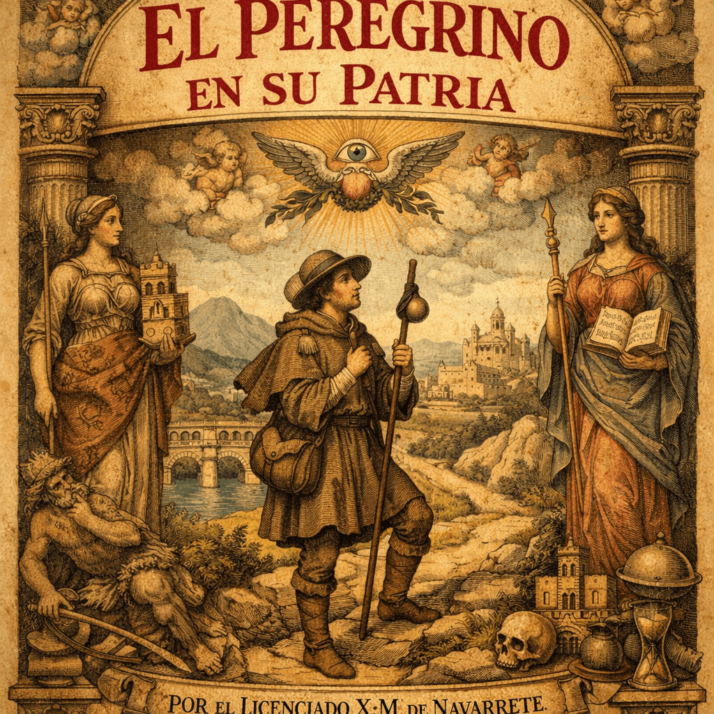 A pilgrim with staff and bag standing between two allegorical women by a river and castle