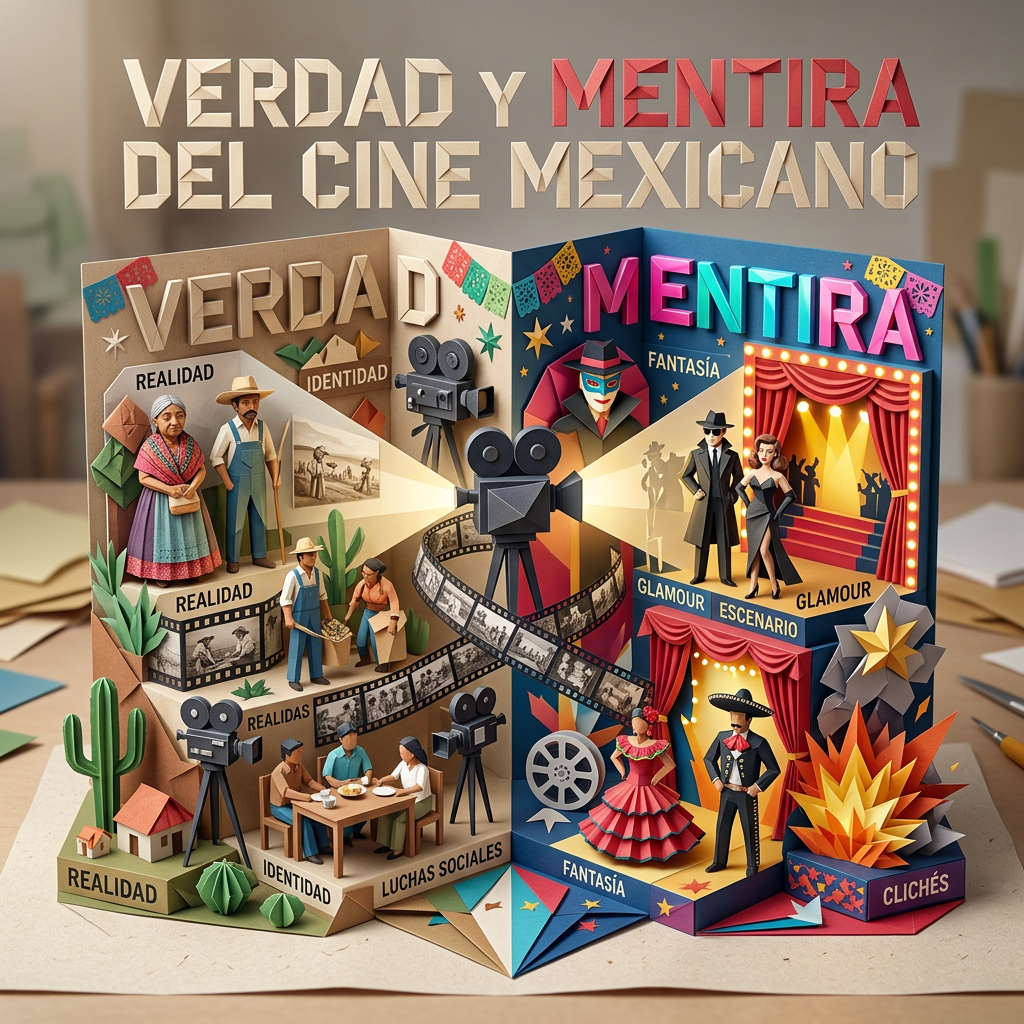 Paper sculpture illustrating truth and fiction themes in Mexican cinema with figures, film reels, and thematic words