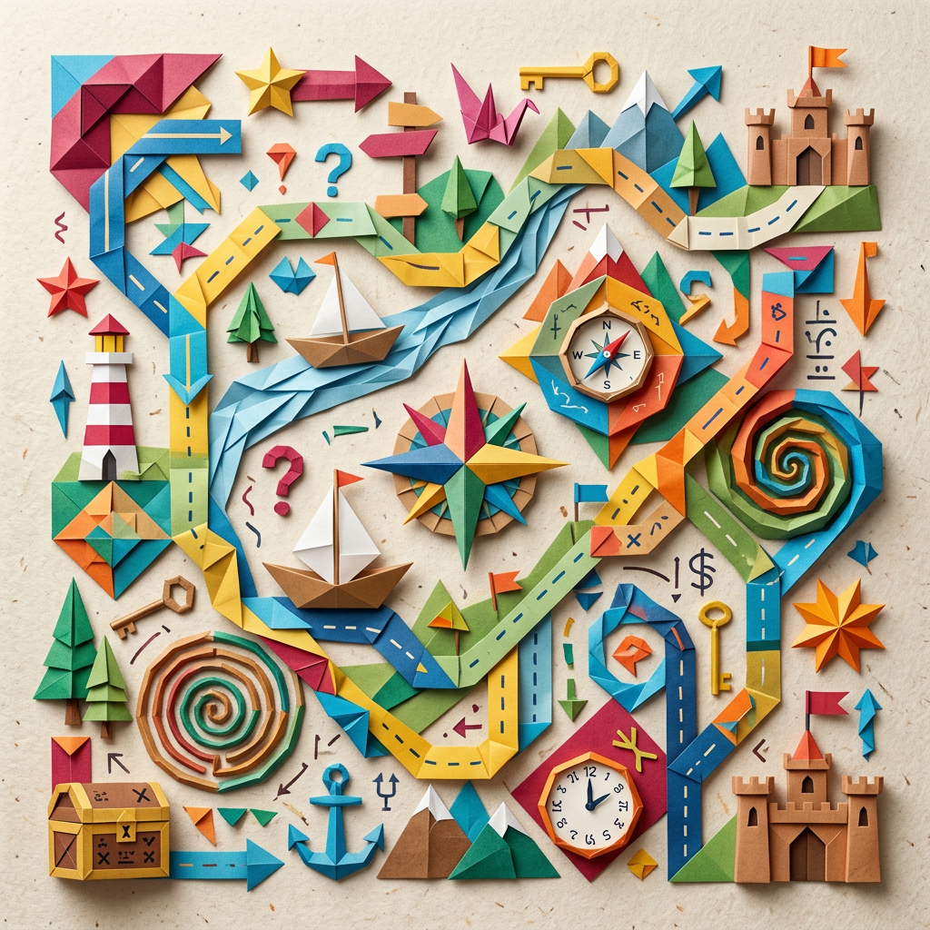 Colorful paper map with roads, compass roses, boats, castles, trees, keys, and symbols