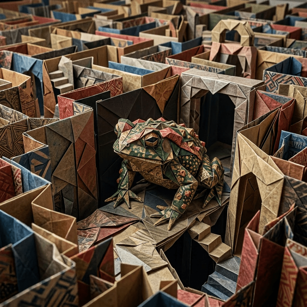Origami dragon in a colorful paper maze with staircases and passages