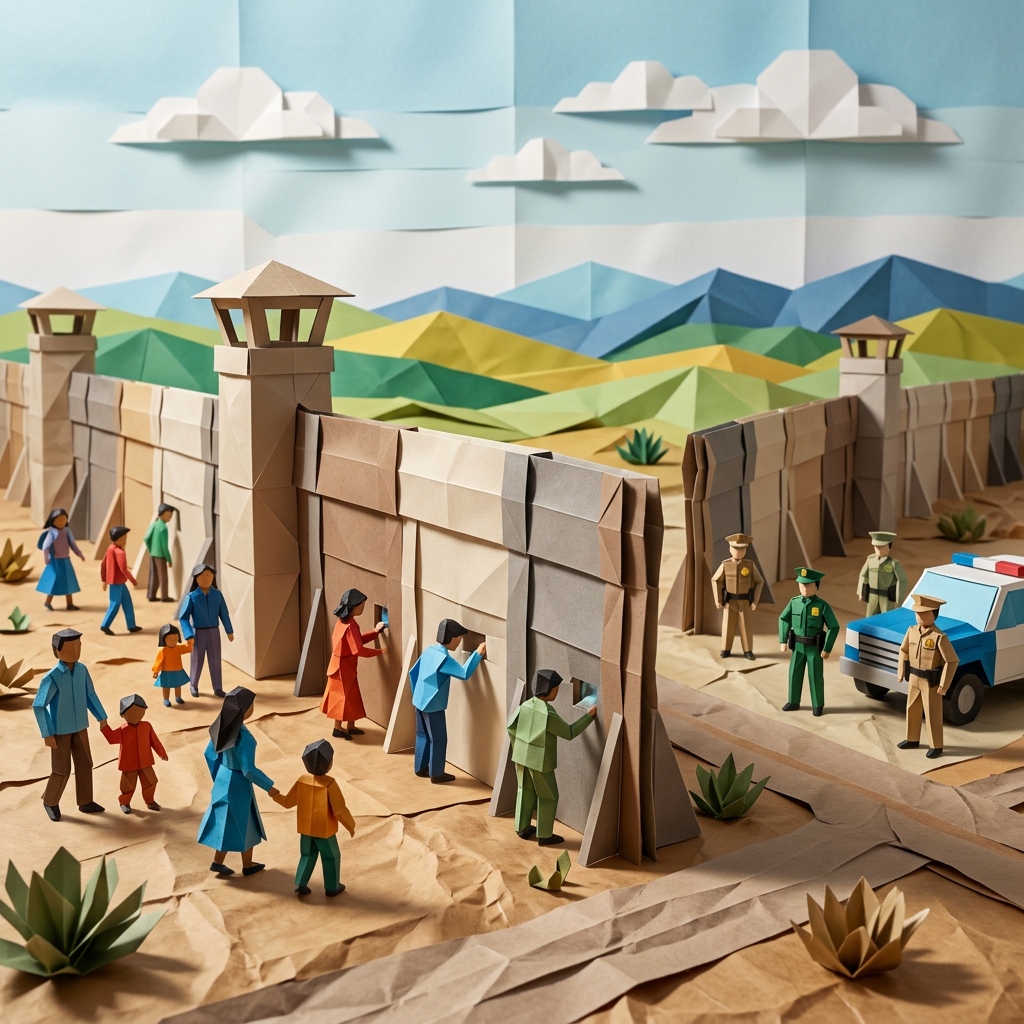 Paper model showing migrants speaking through border wall openings with guards and a police vehicle nearby