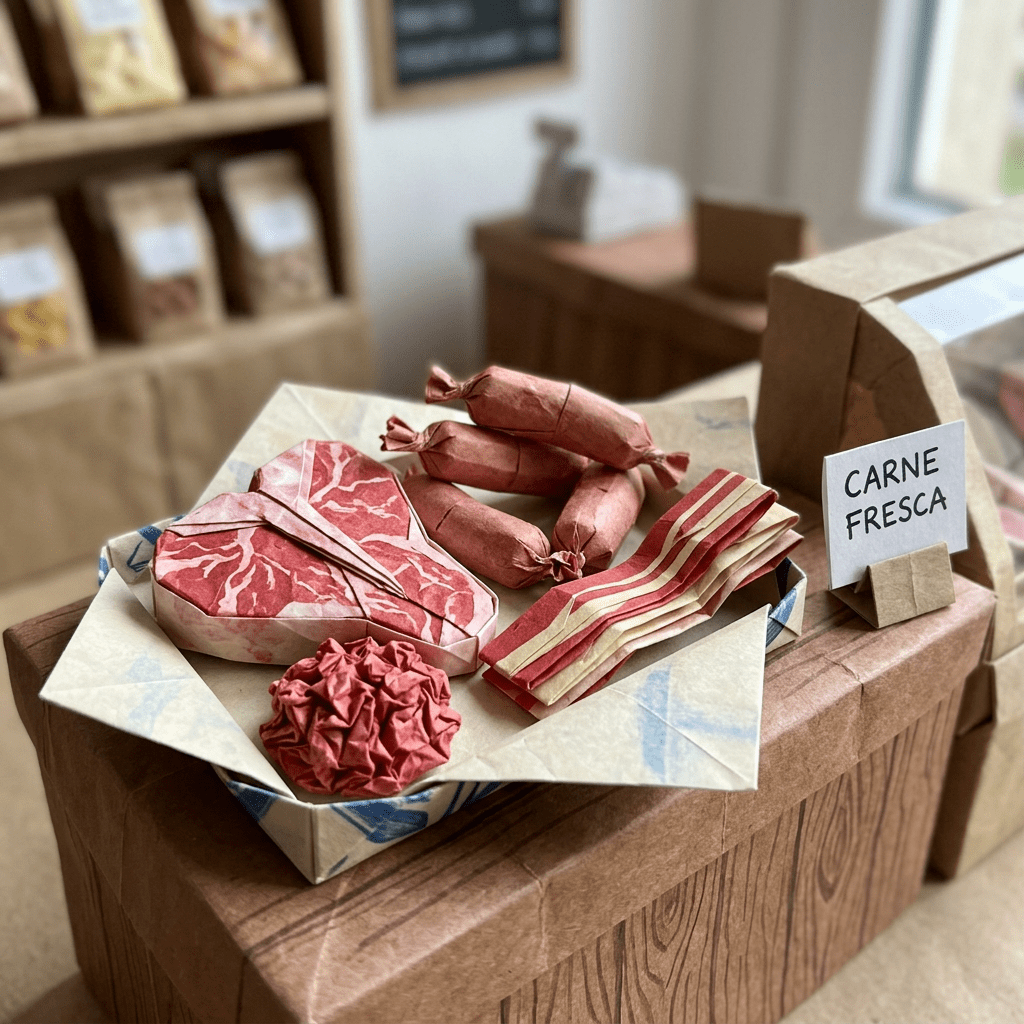 Paper-crafted representation of fresh meat including steak, sausages, bacon, and ground meat on a tray with a sign reading 'CARNE FRESCA'