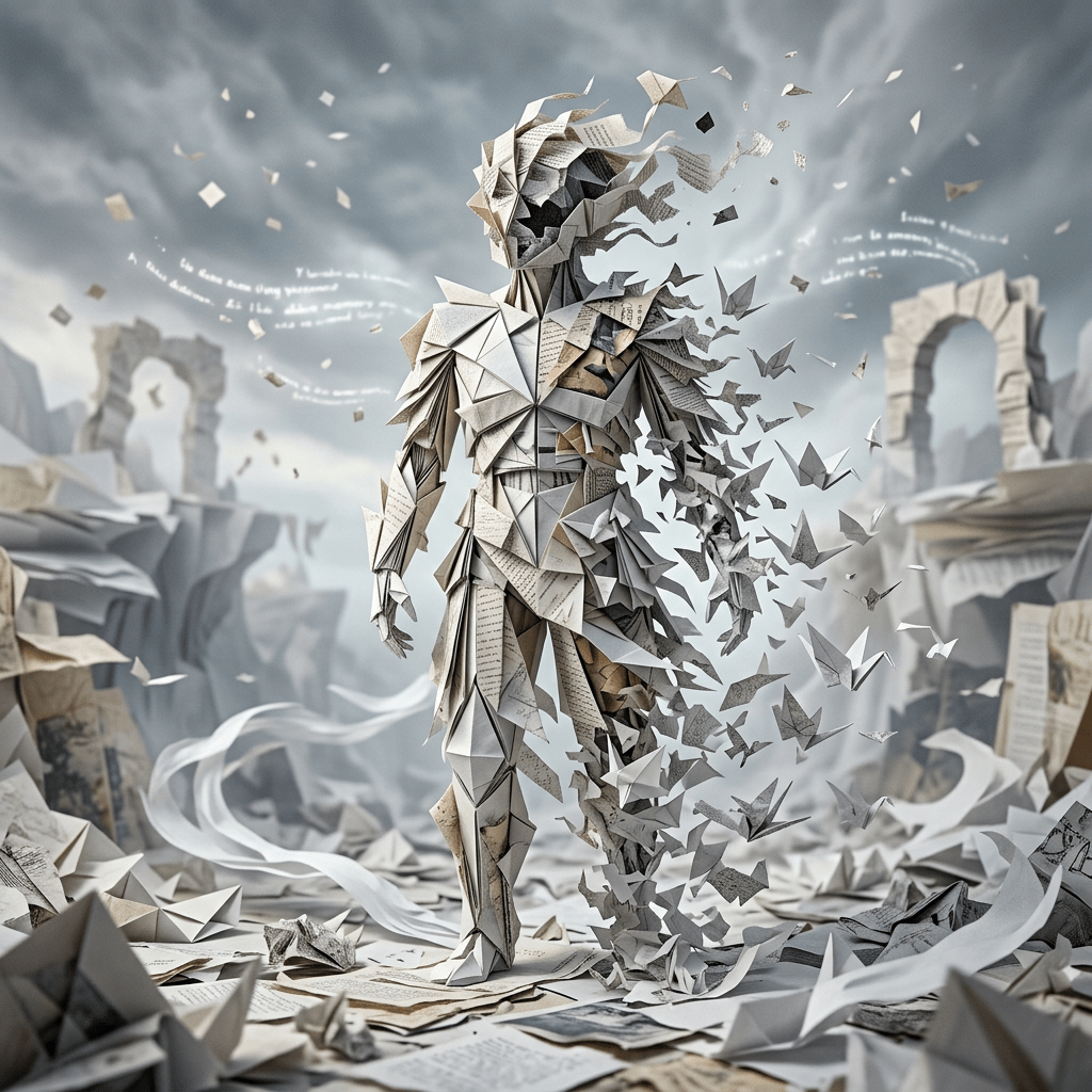 A humanoid figure made of folded paper standing amid scattered sheets and ancient stone arches, with parts turning into flying paper birds.