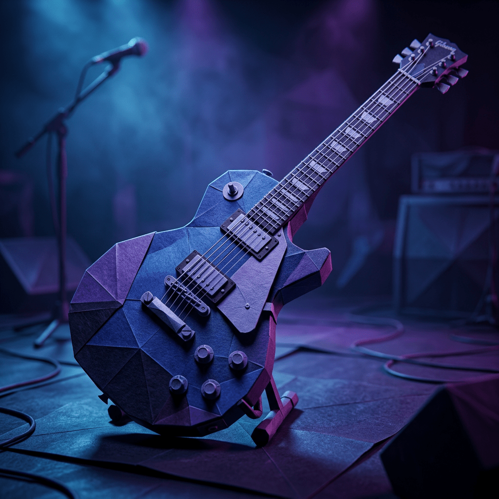 Electric guitar with geometric faceted body resting on a stand on stage