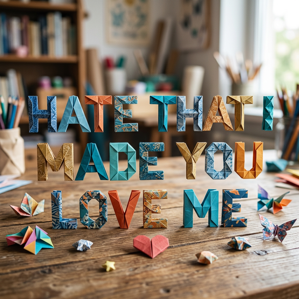 Origami letters on a wooden table reading 'Hate that I made you love me'