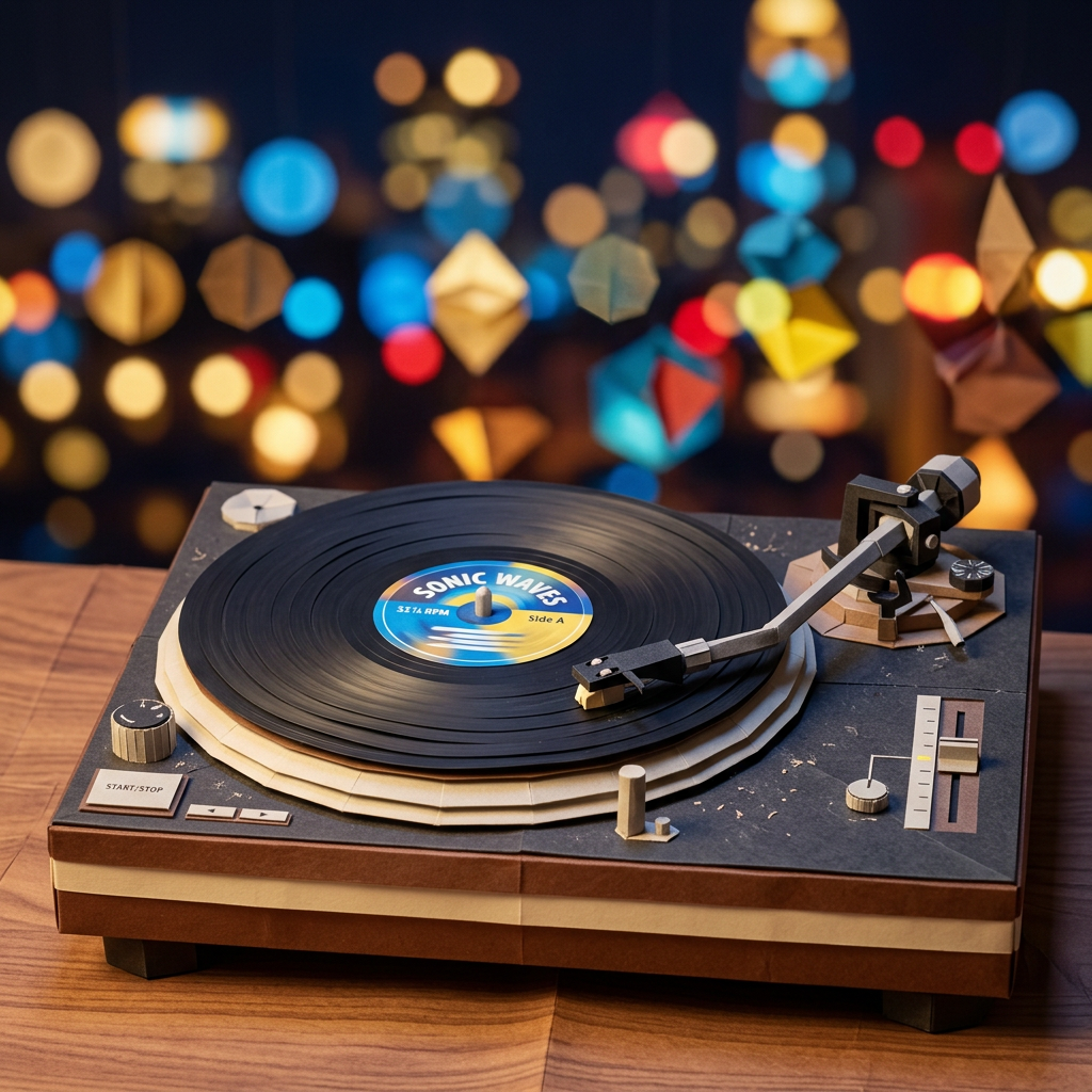 Retro turntable playing a 'Sonic Waves' vinyl record with colorful blurred lights behind