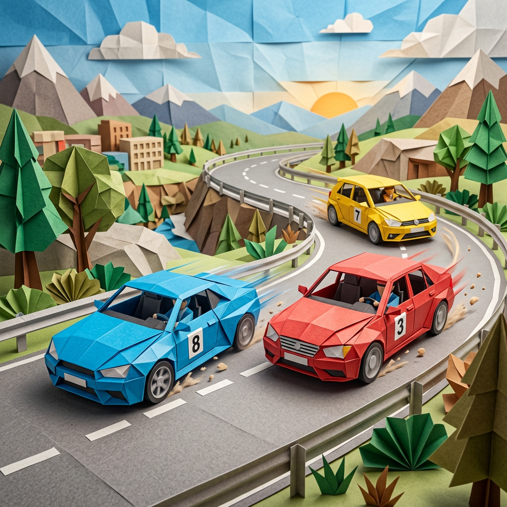 Three paper model cars racing on a curvy mountain road with trees and mountains in the background.