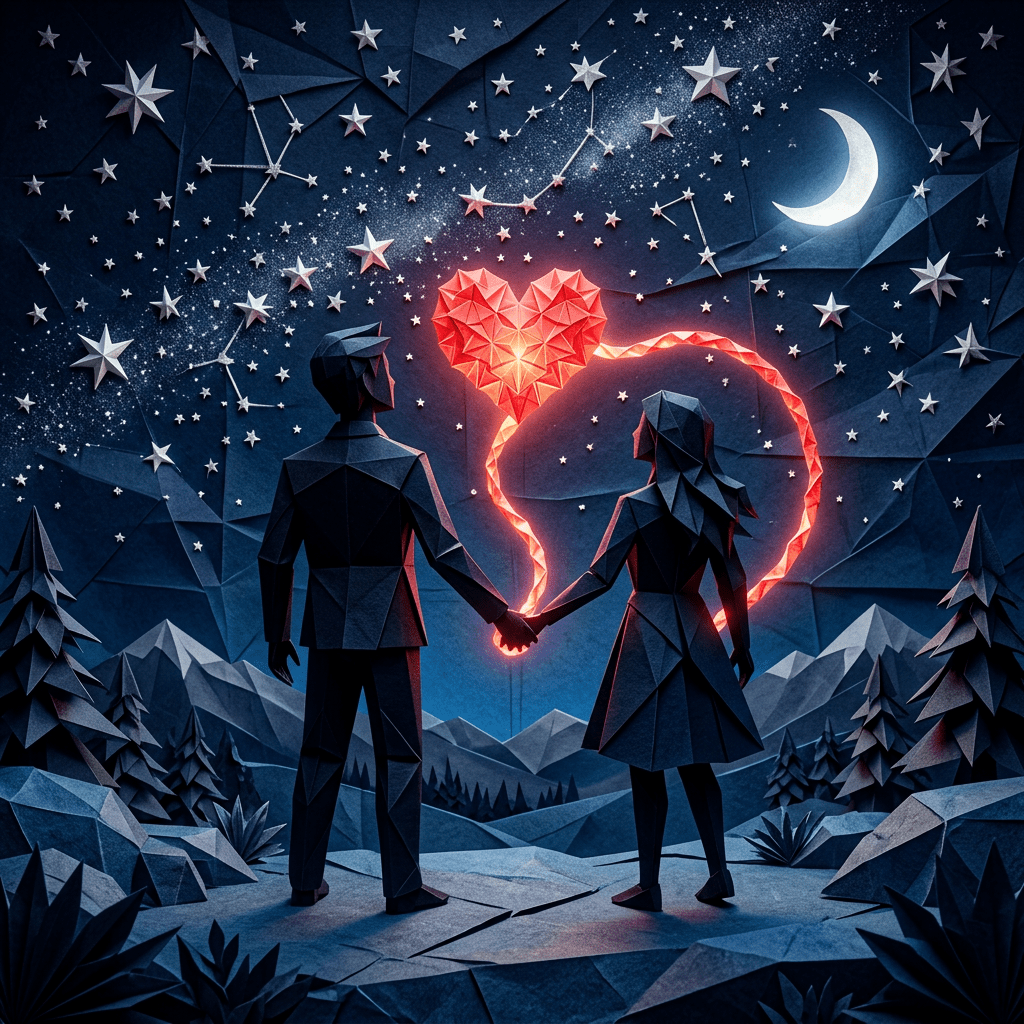 Couple holding hands with glowing red heart-shaped light against starry night sky